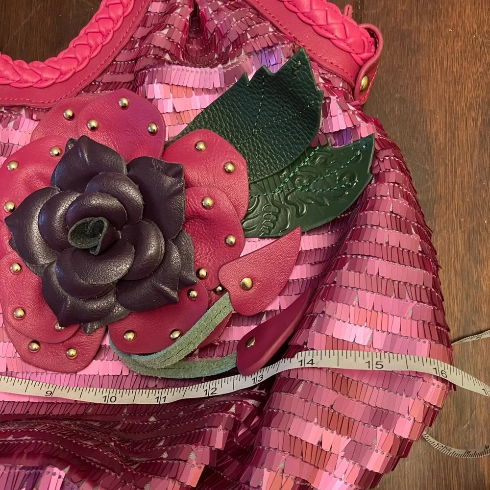 Y2K Sharif Magenta Pink Sequins and Leather flower purse